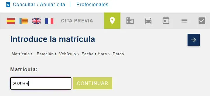 Paso 2 para pedir cita en la ITV: Escribe la matrícula del vehículo y pulsa «Continuar».