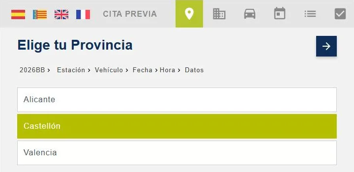 Paso 3 para pedir cita en la ITV: Selecciona la provincia: Valencia.