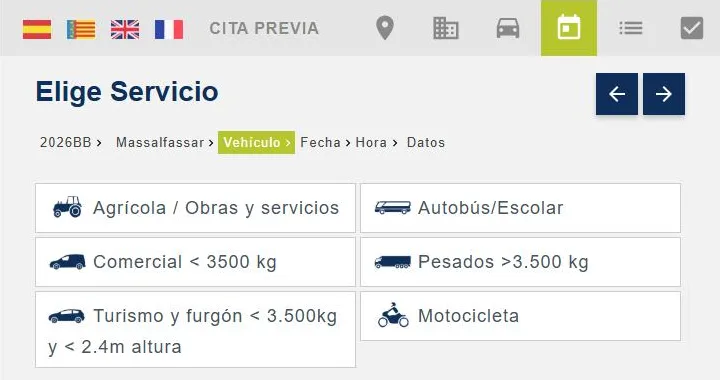 Paso 5 para pedir cita en la ITV: Elige el tipo de vehículo.
