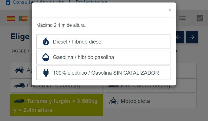 Paso 6 para pedir cita en la ITV: Indica el combustible.