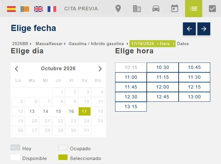 Paso 7 para pedir cita en la ITV: Escoge el día y la hora entre los huecos disponibles.